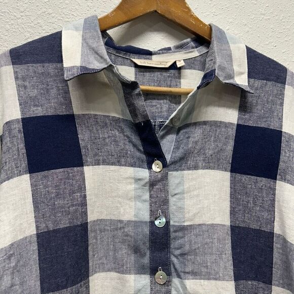 Soft Surroundings Blue Carreaux Back Zip Plaid 3/4 Sleeve Linen Blend Shirt 1X - Picture 5 of 14